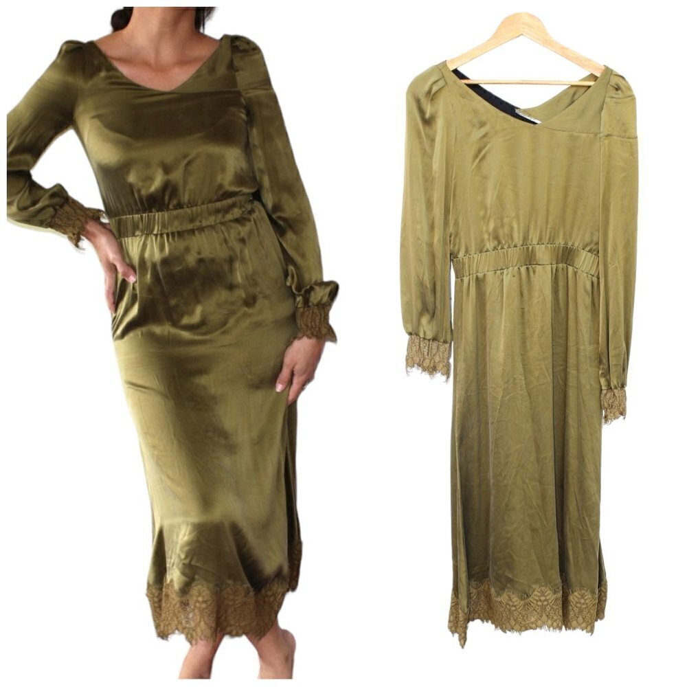 Stone Cold Fox 100 Silk Brighton Gown lace dress satin army Green V neck Size XS